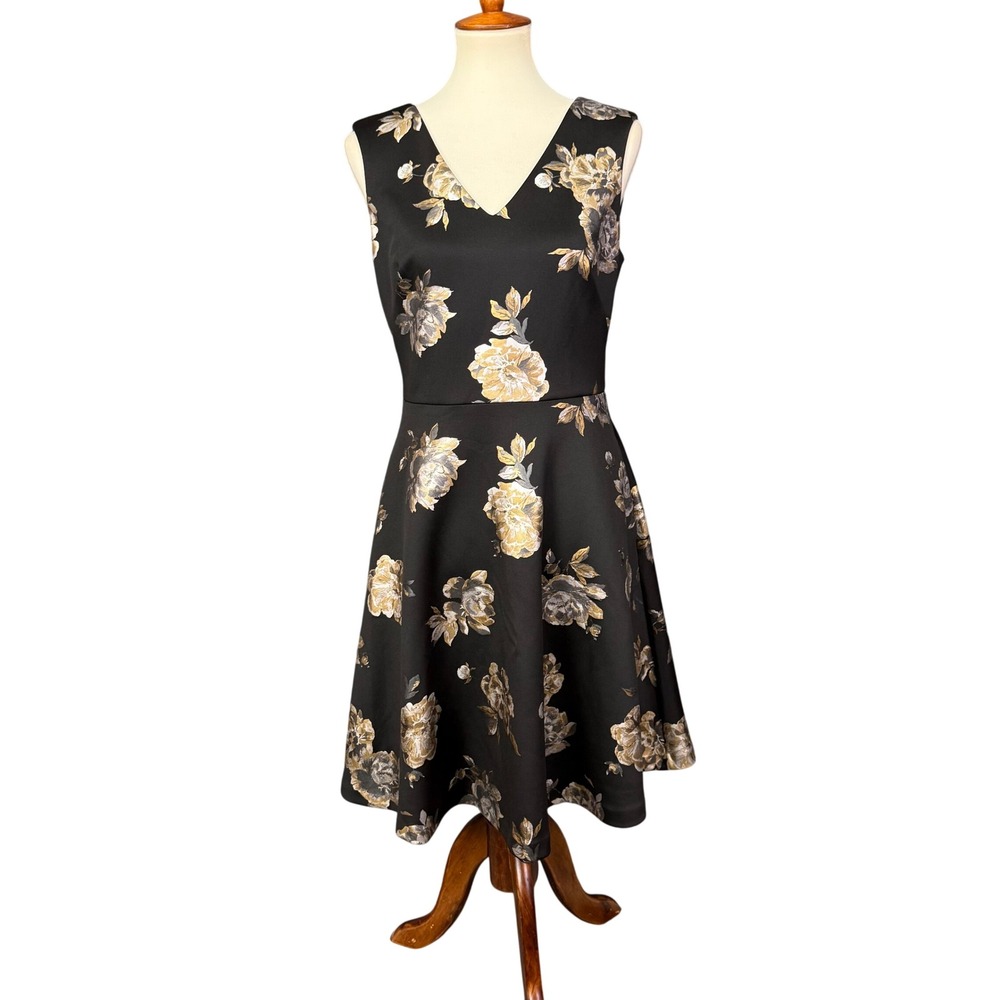 WHBM Dress Womens 6 Black Gold Scuba Floral Fit Flare A-Line V-Neck Party NWT